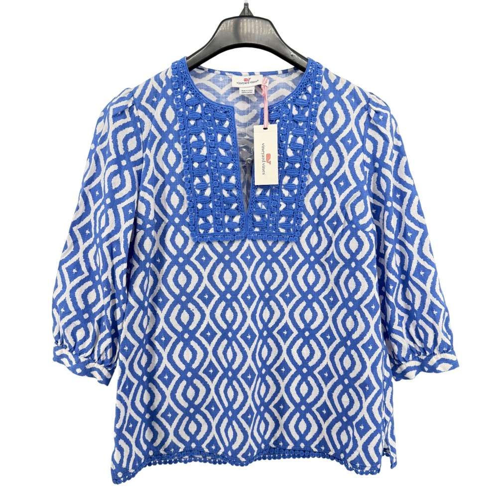 NEW Vineyard Vines Tunic Womens Medium Top Blue Scribble Lattice Crochet Lace